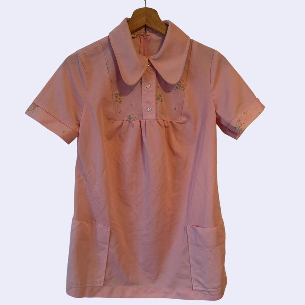 Vintage Crest Pink Floral Collared Mini House Dress Back Zip Pockets